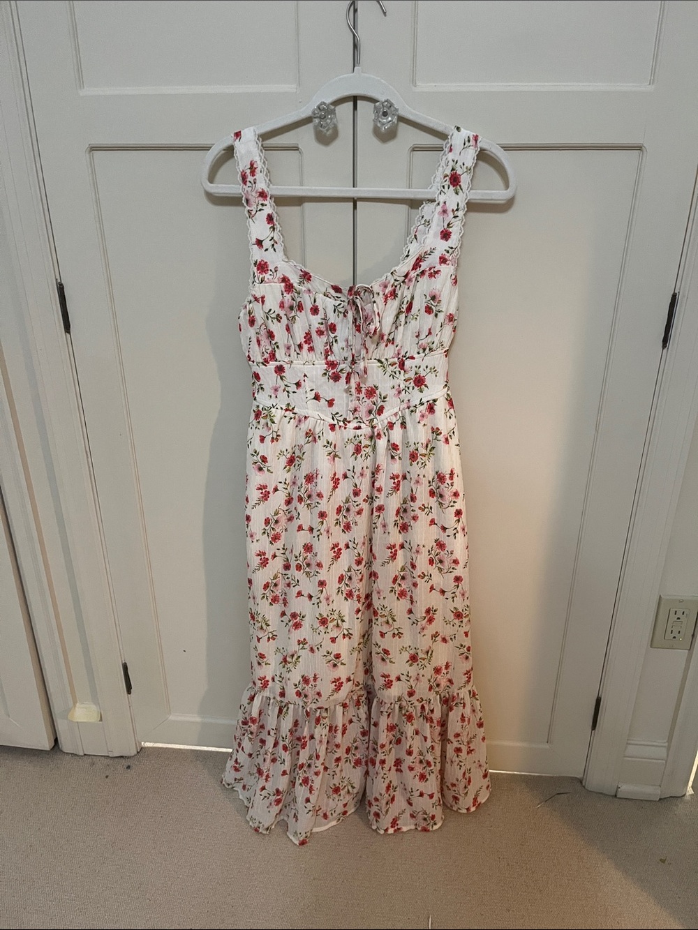 Floral White Sundress with Red Rose Print